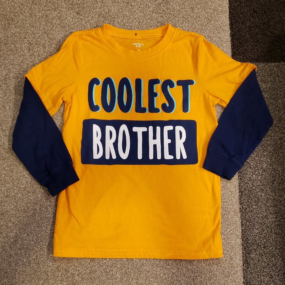 3/$20 EUC Carter's Kid Coolest Brother Long Sleeve Boy's Tee Shirt Orange & Navy - Picture 1 of 4